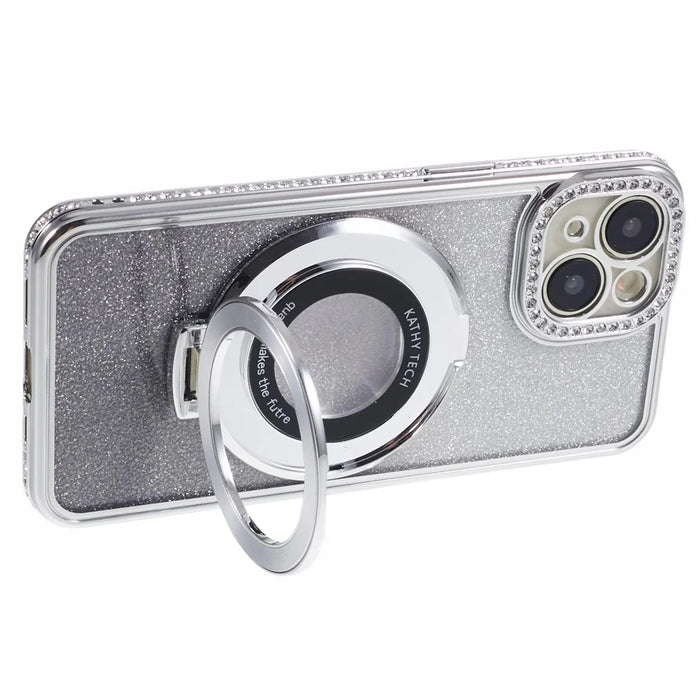 For iPhone 15 Plus Gradient Case Kickstand Shiny Rhinestone Decor TPU Phone Cover - Silver - 4