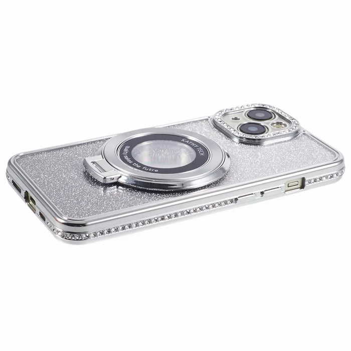 For iPhone 15 Plus Gradient Case Kickstand Shiny Rhinestone Decor TPU Phone Cover - Silver - 6