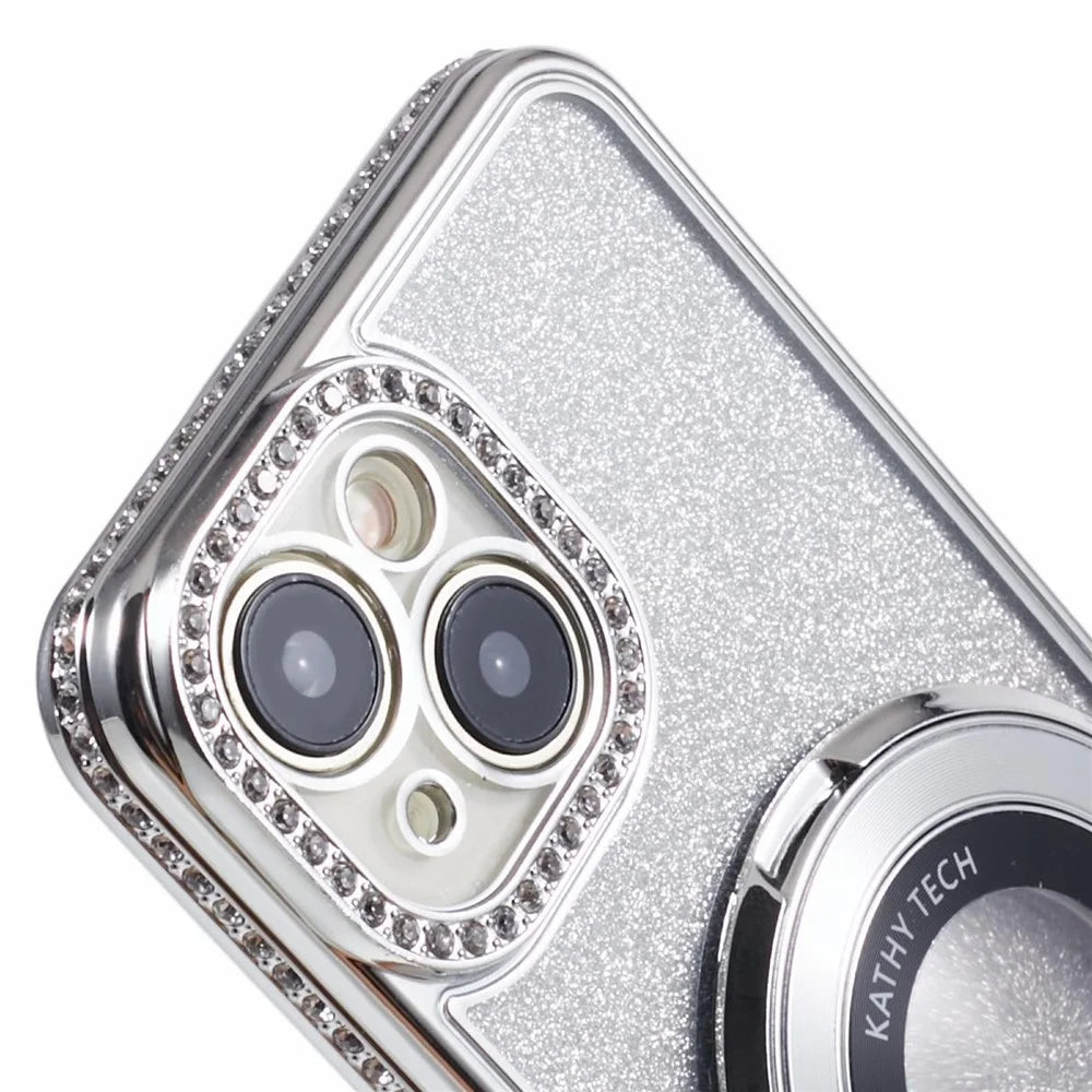 For iPhone 14 Plus TPU Case Gradient Design Kickstand Phone Cover with Rhinestone Ornament - Silver - 7