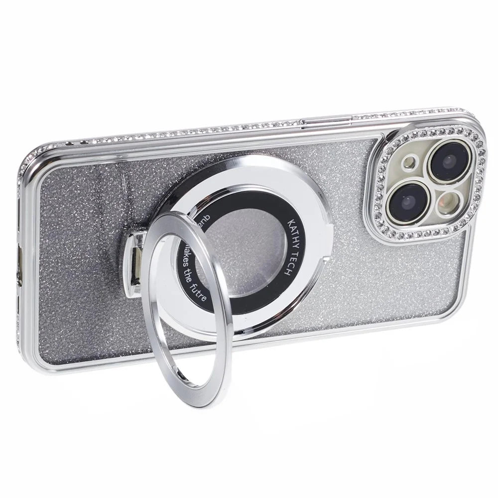 For iPhone 13 Kickstand Case Rhinestone Decor Gradient TPU Phone Cover - Silver - 4