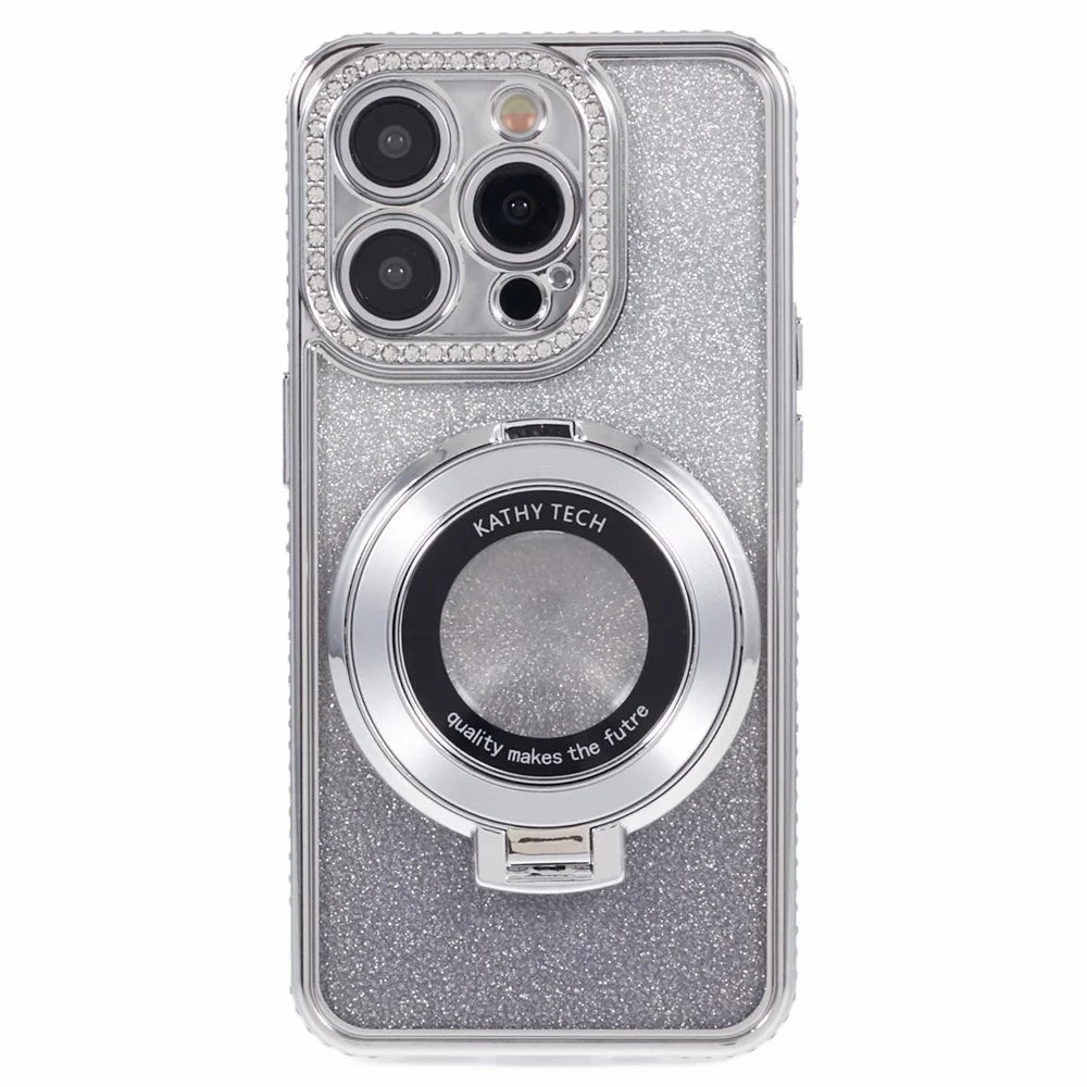 For iPhone 12 Pro Max TPU Case Gradient Kickstand Cover with Rhinestone Lens Frame - Silver - 1
