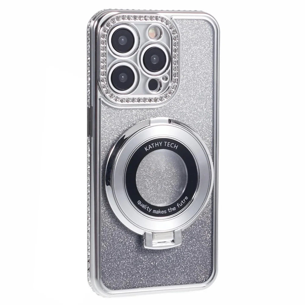 For iPhone 12 Pro Max TPU Case Gradient Kickstand Cover with Rhinestone Lens Frame - Silver - 3