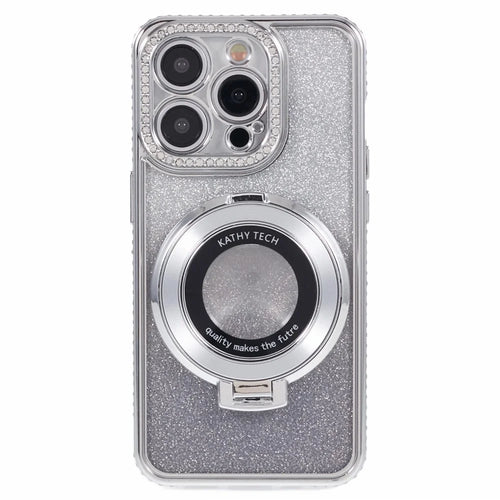 For iPhone 15 Pro Max Ring Holder Case Rhinestone Decor Glitter Sparkle TPU Phone Cover - Silver - 1