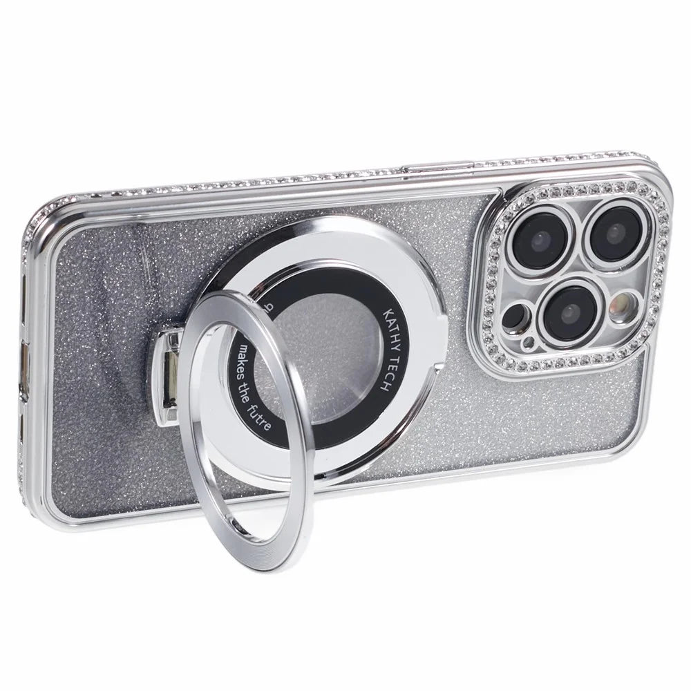 For iPhone 15 Pro Max Ring Holder Case Rhinestone Decor Glitter Sparkle TPU Phone Cover - Silver - 4