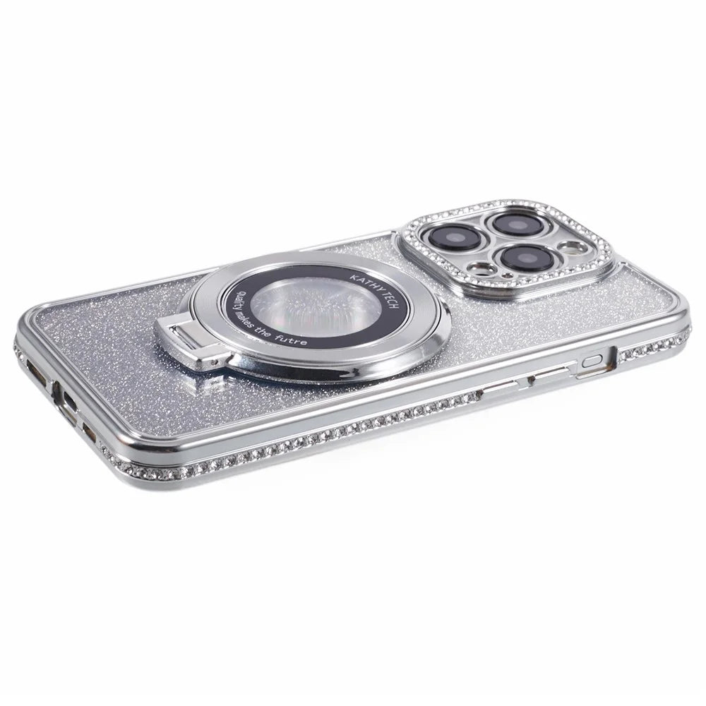 For iPhone 15 Pro Max Ring Holder Case Rhinestone Decor Glitter Sparkle TPU Phone Cover - Silver - 6