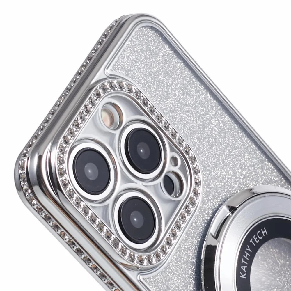 For iPhone 15 Pro Max Ring Holder Case Rhinestone Decor Glitter Sparkle TPU Phone Cover - Silver - 7