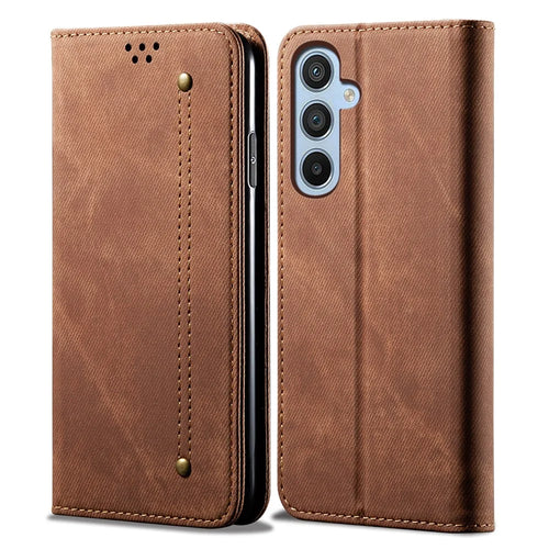 For Samsung Galaxy M15 5G / F15 5G Case Jeans Cloth Texture Leather Wallet Phone Cover - Coffee - 1