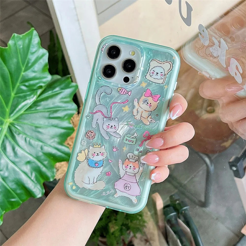 For iPhone 15 Pro Phone Case Kitten Bunny IMD Pattern TPU+PC Hybrid Cover - Green - 2