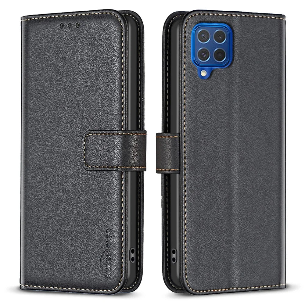 BINFEN COLOR BF17 For Samsung Galaxy M62 / F62 Case Flip Design PU Leather Full Protection Phone Cover - Black - 1