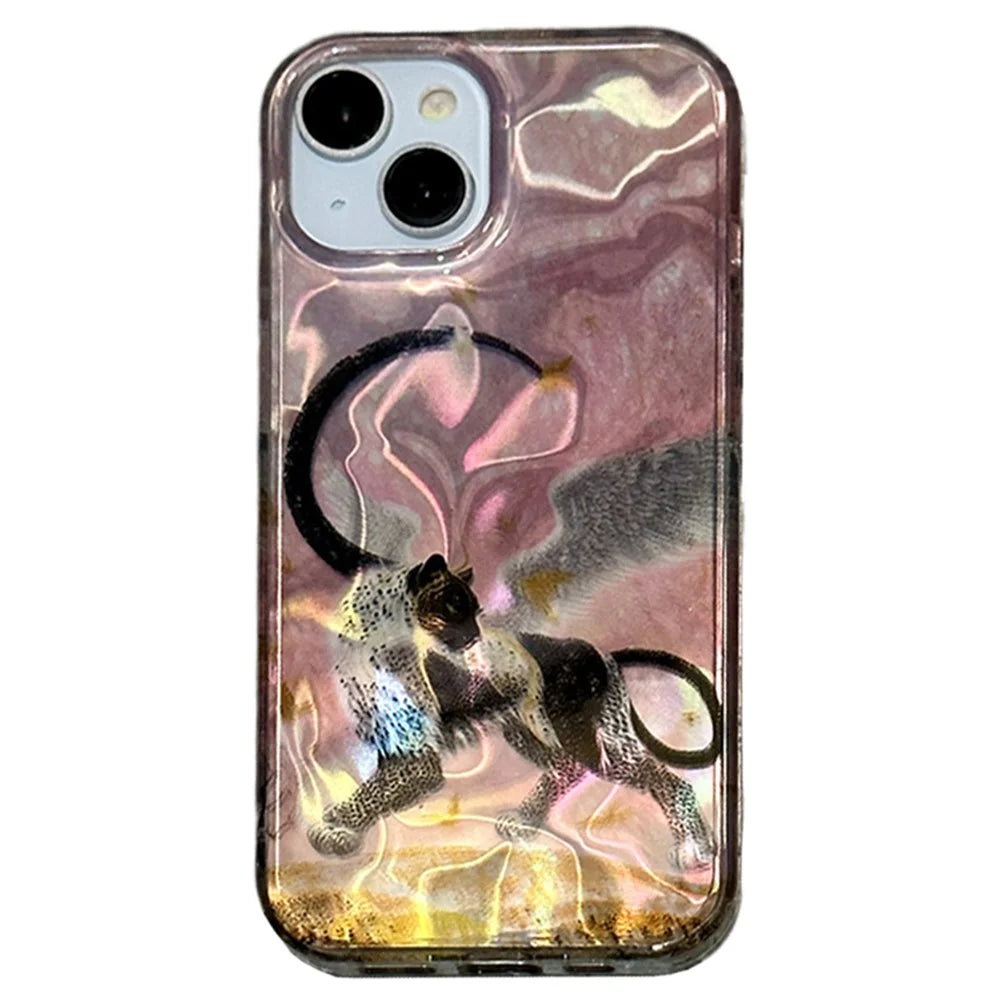 For iPhone 15 Case Pattern Laser Effect PC+TPU Shockproof Phone Cover - Winged Black Panther - 1