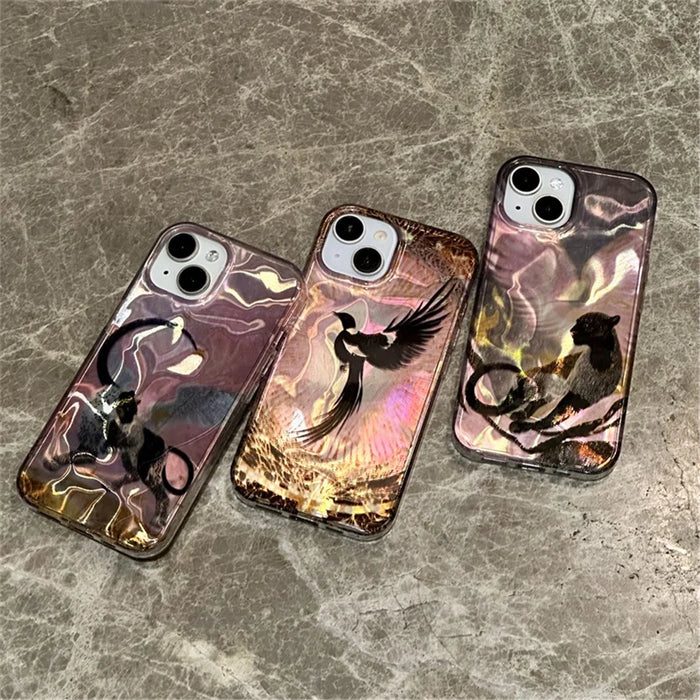 For iPhone 15 Case Pattern Laser Effect PC+TPU Shockproof Phone Cover - Winged Black Panther - 2