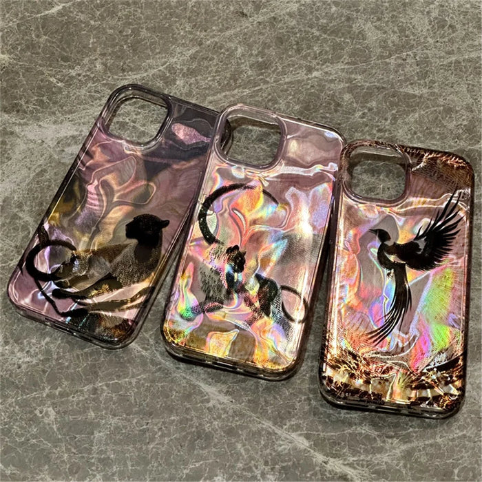 For iPhone 15 Case Pattern Laser Effect PC+TPU Shockproof Phone Cover - Winged Black Panther - 3