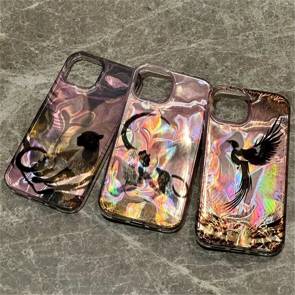 For iPhone 13 Case Laser Effect Pattern Printing PC+TPU Phone Cover - Winged Black Panther - 3