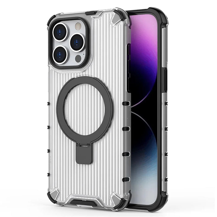 For iPhone 15 Pro Max Case Stripe Design Magnetic Ring Kickstand PC+TPU Phone Cover - Transparent - 1