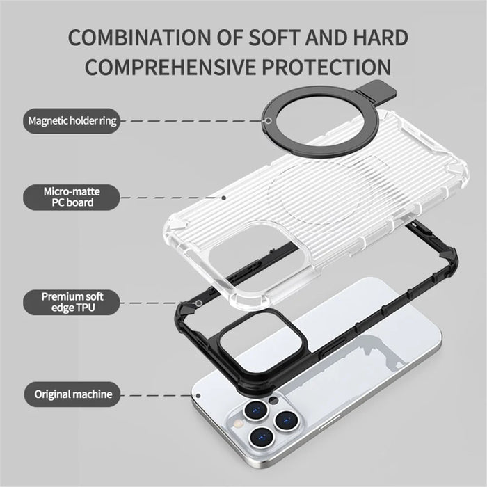 For iPhone 15 Pro Max Case Stripe Design Magnetic Ring Kickstand PC+TPU Phone Cover - Transparent - 5