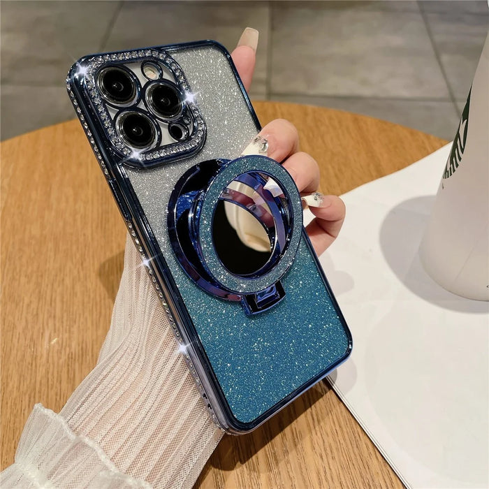 Phone Case for iPhone 12 Pro Max Magnetic TPU Phone Cover with PC Kickstand+Acrylic Mirror - Blue - 2
