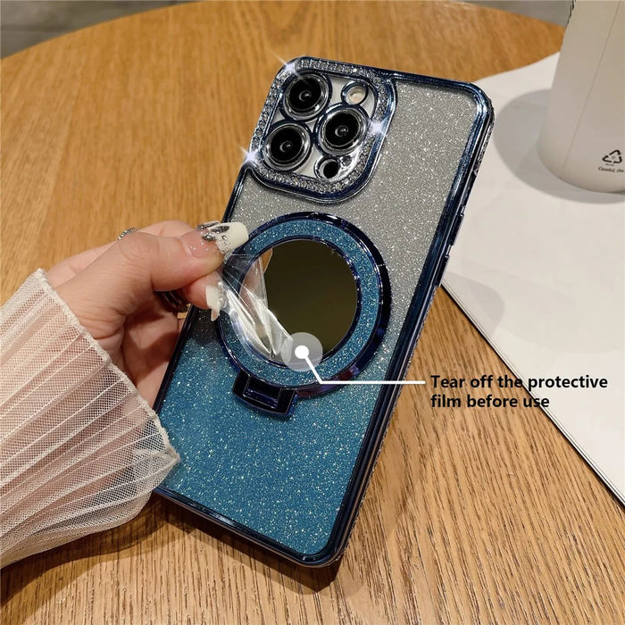 Phone Case for iPhone 12 Pro Max Magnetic TPU Phone Cover with PC Kickstand+Acrylic Mirror - Blue - 3