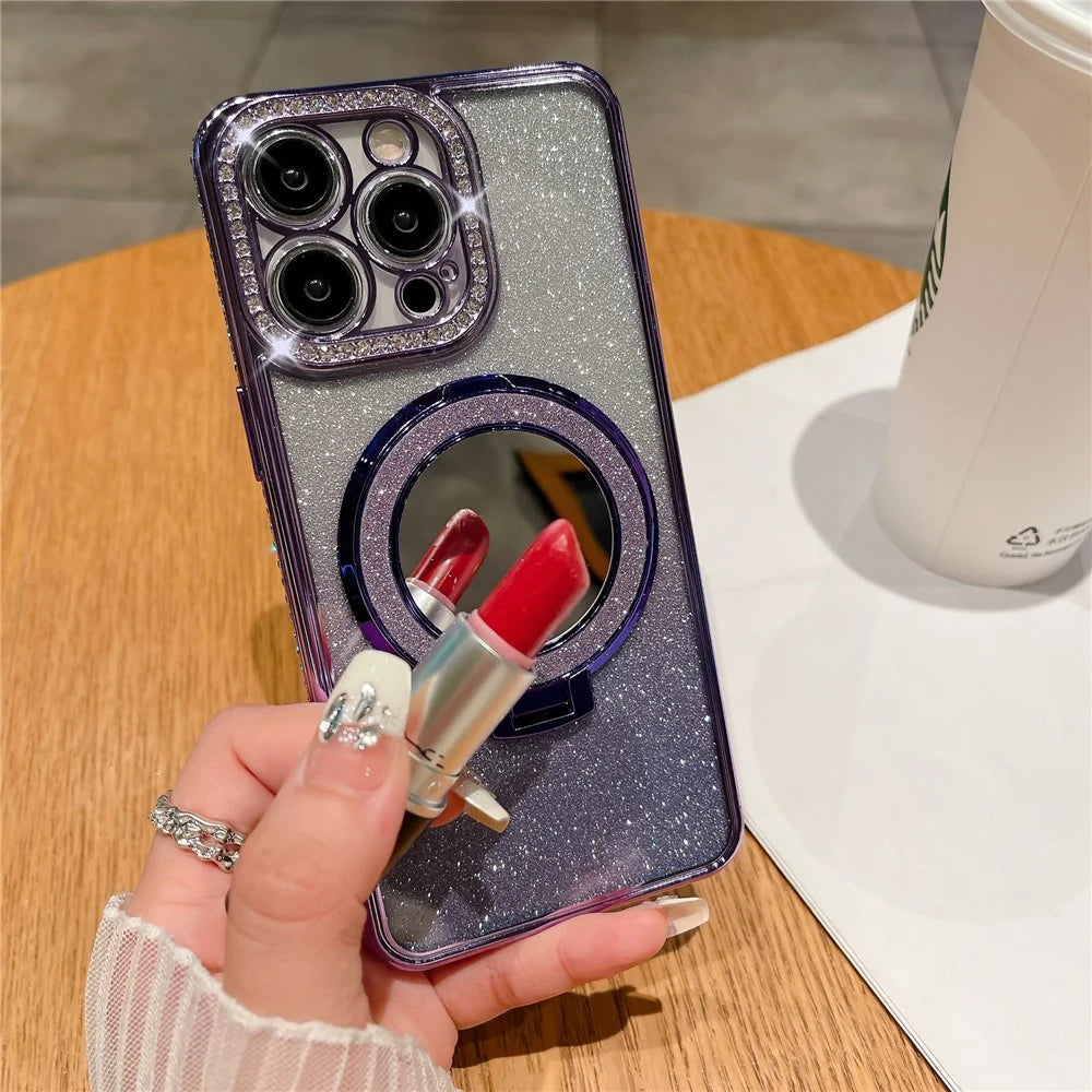 For iPhone 13 Pro 6.1 inch Cover PC Kickstand TPU Magnetic Phone Case with Acrylic Mirror - Blue - 6