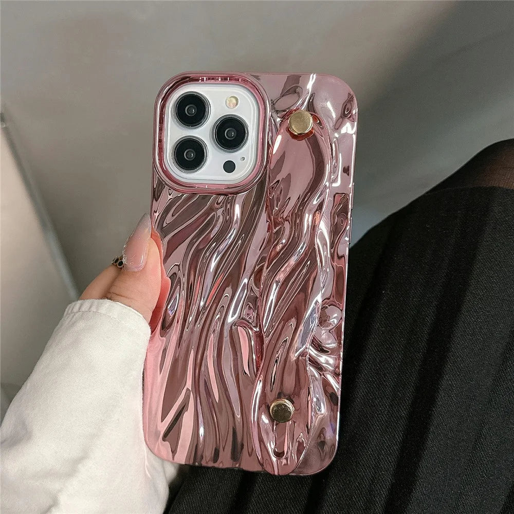 For iPhone 15 Pro Max Case Wrinkled TPU Electroplating Phone Cover with Wristband - Pink - 2