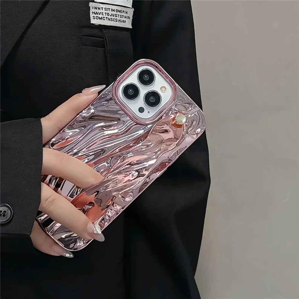 For iPhone 15 Pro Max Case Wrinkled TPU Electroplating Phone Cover with Wristband - Pink - 3