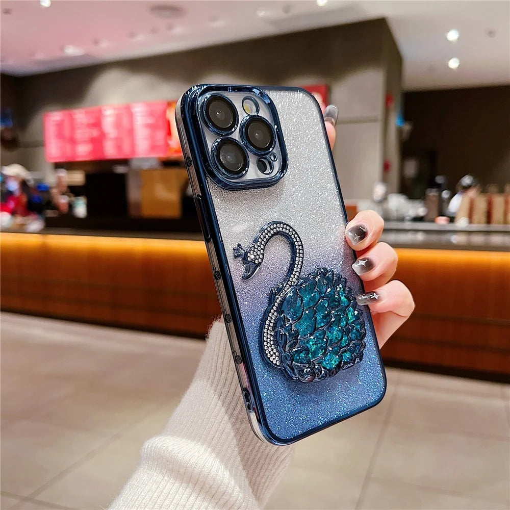 For iPhone 15 Pro Max Cover TPU Cell Phone Shell with Glass Lens Film Rhinestone Quicksand Swan Design - Blue - 2