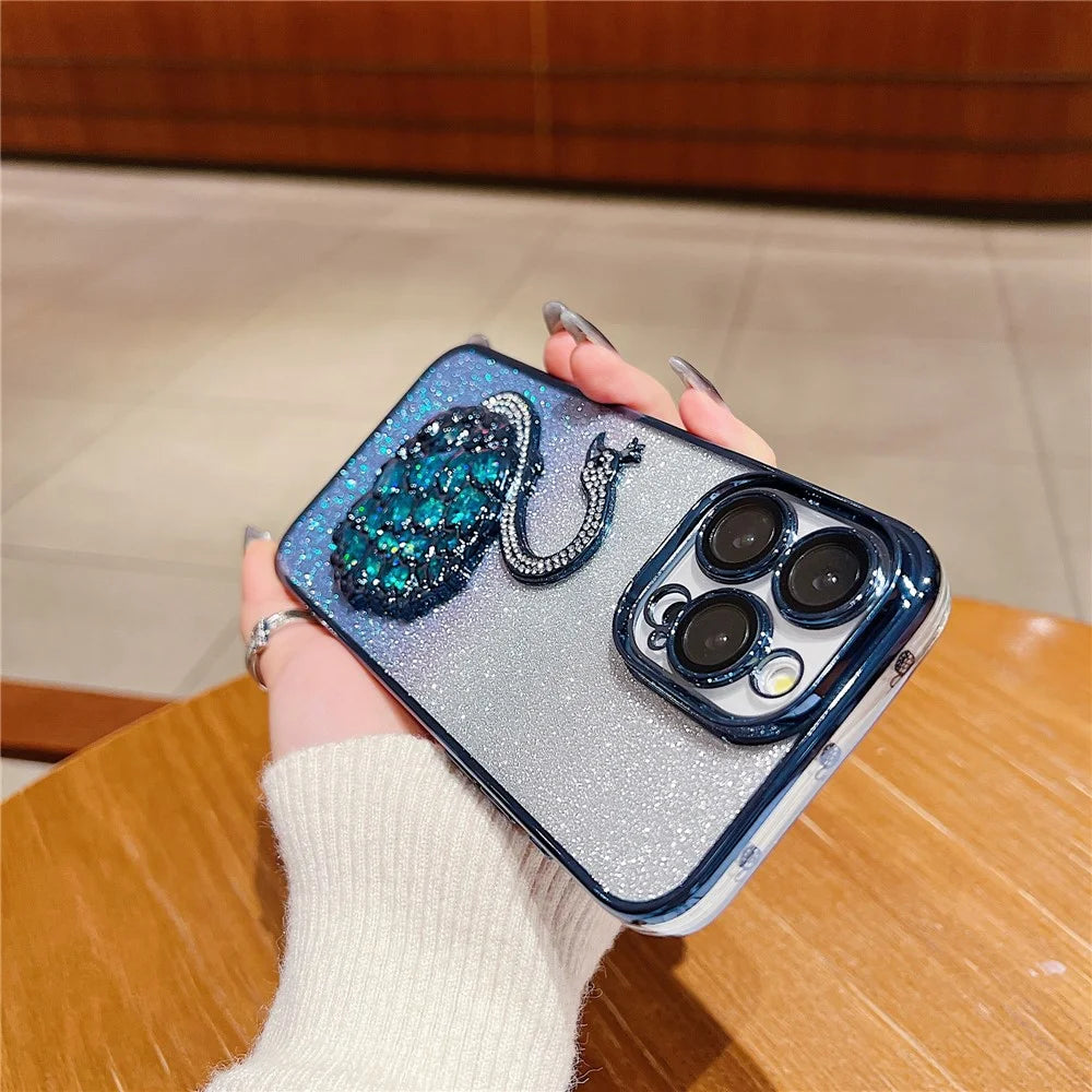 For iPhone 14 Pro Max Case Glitter Quicksand Swan Built-in Glass Lens Film TPU Phone Cover - Blue - 3