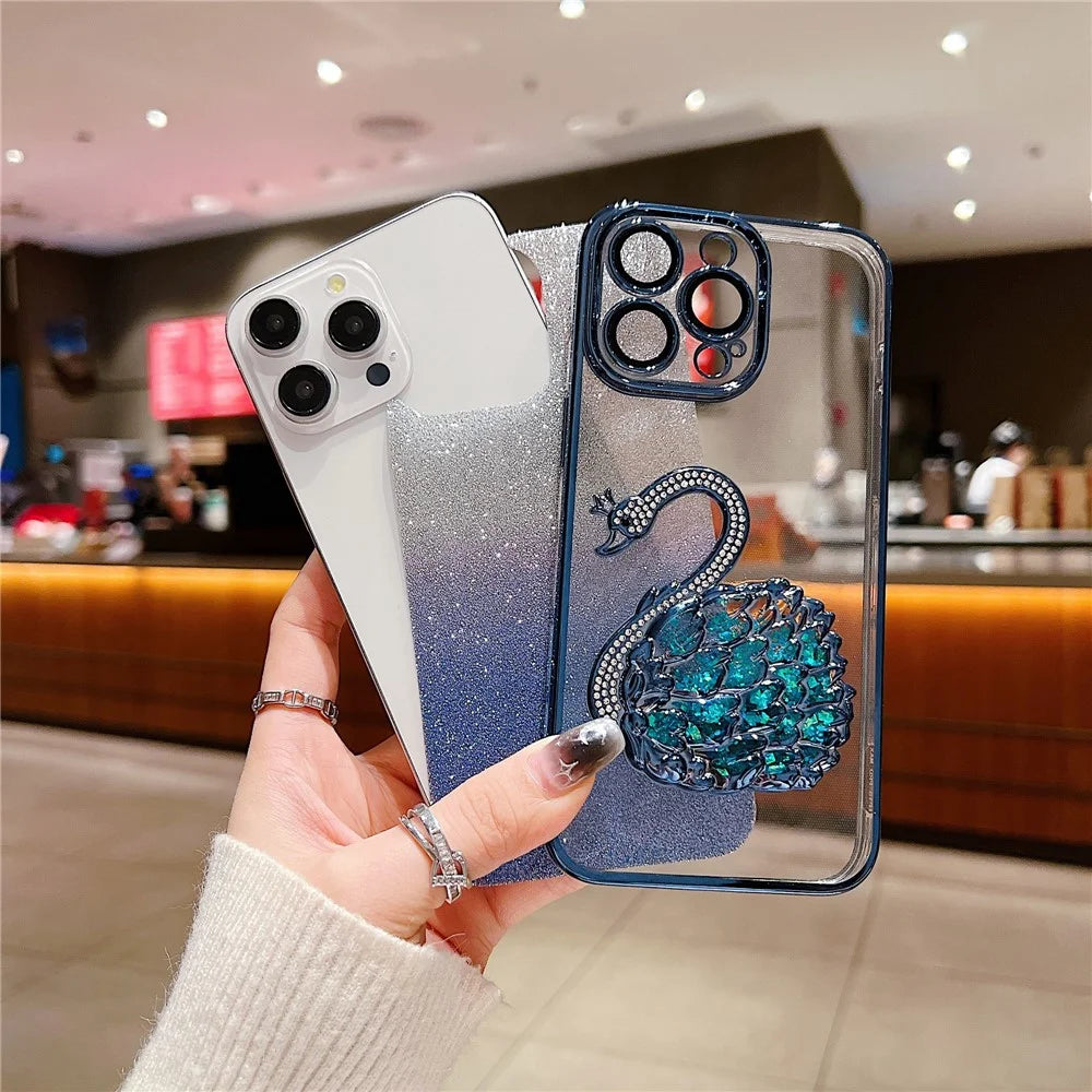 For iPhone 14 Pro Max Case Glitter Quicksand Swan Built-in Glass Lens Film TPU Phone Cover - Blue - 4
