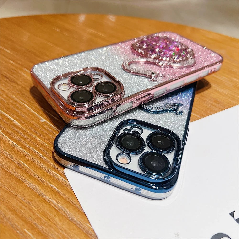 For iPhone 14 Pro Max Case Glitter Quicksand Swan Built-in Glass Lens Film TPU Phone Cover - Blue - 7