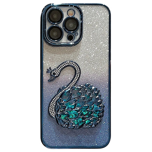 For iPhone 13 Pro Max 6.7 inch Case Quicksand Swan Glitter Phone Cover with Glass Lens Film - Blue - 1