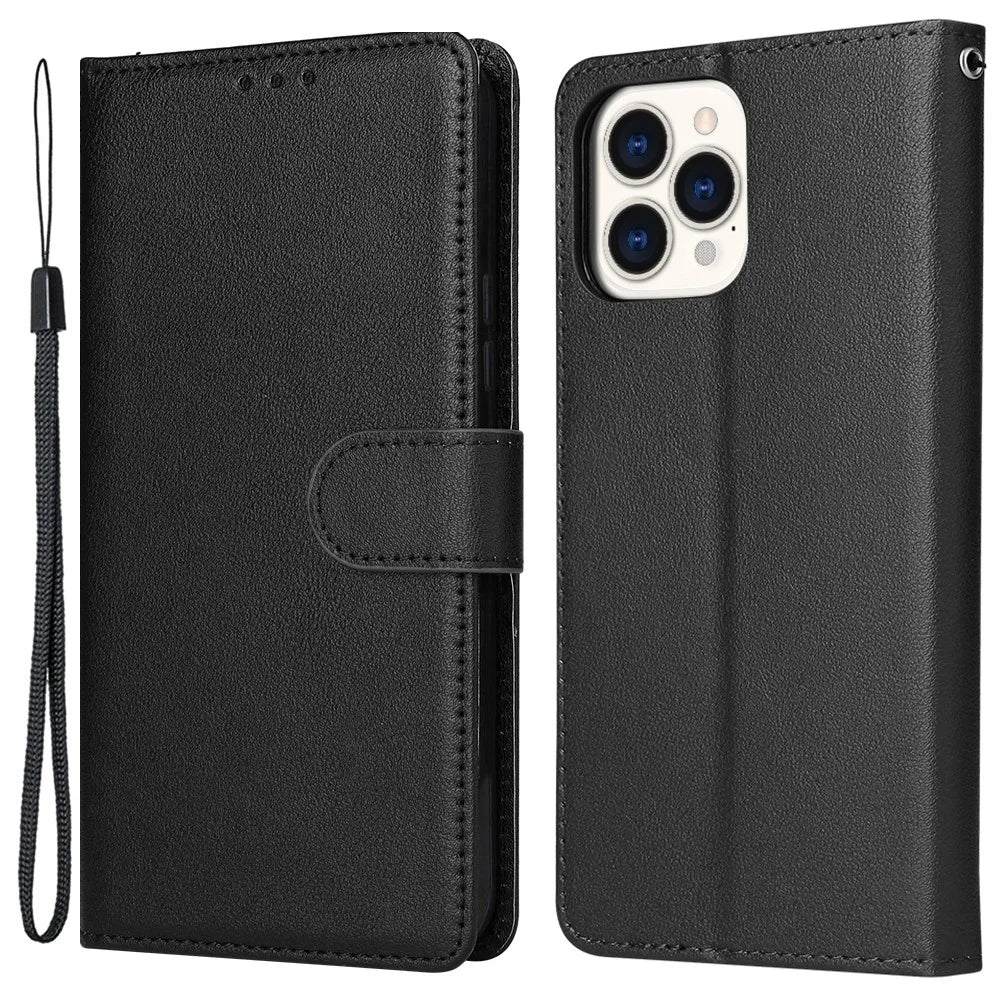 For iPhone 13 Pro Max 6.7 inch Case PU Leather Wallet Flip Phone Cover with Wrist Strap - Black - 1