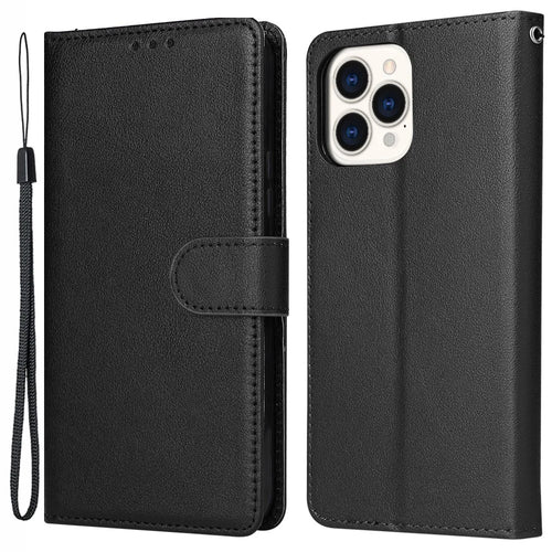 For iPhone 13 Pro Max 6.7 inch Case PU Leather Wallet Flip Phone Cover with Wrist Strap - Black - 1