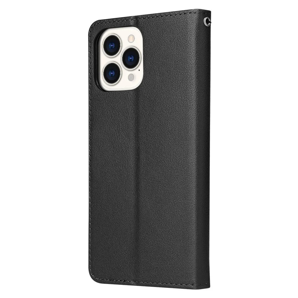 For iPhone 13 Pro Max 6.7 inch Case PU Leather Wallet Flip Phone Cover with Wrist Strap - Black - 6