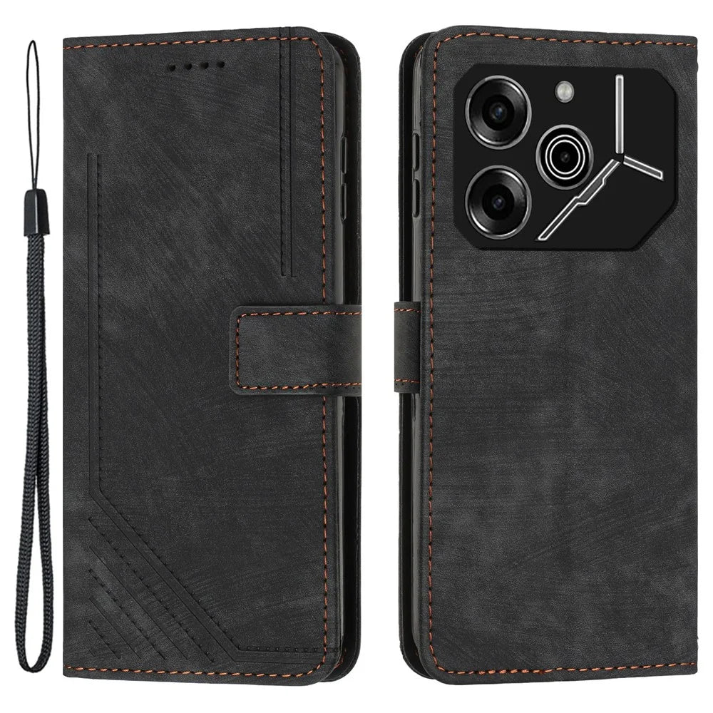 For TECNO Pova 6 Pro 5G / Li 9   Phone Case Lines Imprint PU Leather Wallet Cover - Black - 1