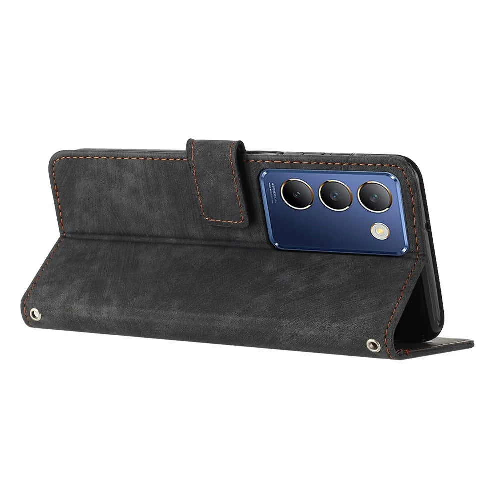 For vivo Y100 5G (Indonesia) / Y200e 5G / T3 5G (India) / V30 Lite 5G (India) / V40 SE 5G Phone Case PU Leather Wallet Stand Cover - Black - 3