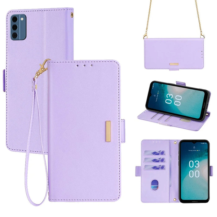 For Nokia C300 Case RFID Blocking Flip Leather Handbag Phone Cover with Shoulder Chain - Purple - 1