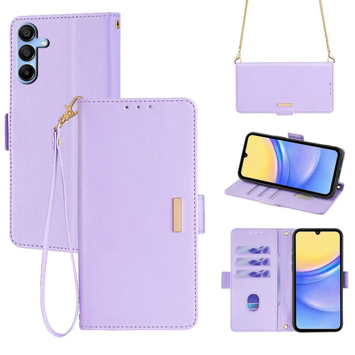 For Samsung Galaxy A15 4G / 5G Crossbody Wallet Case RFID Blocking Stand PU Leather Phone Cover - Purple - 1