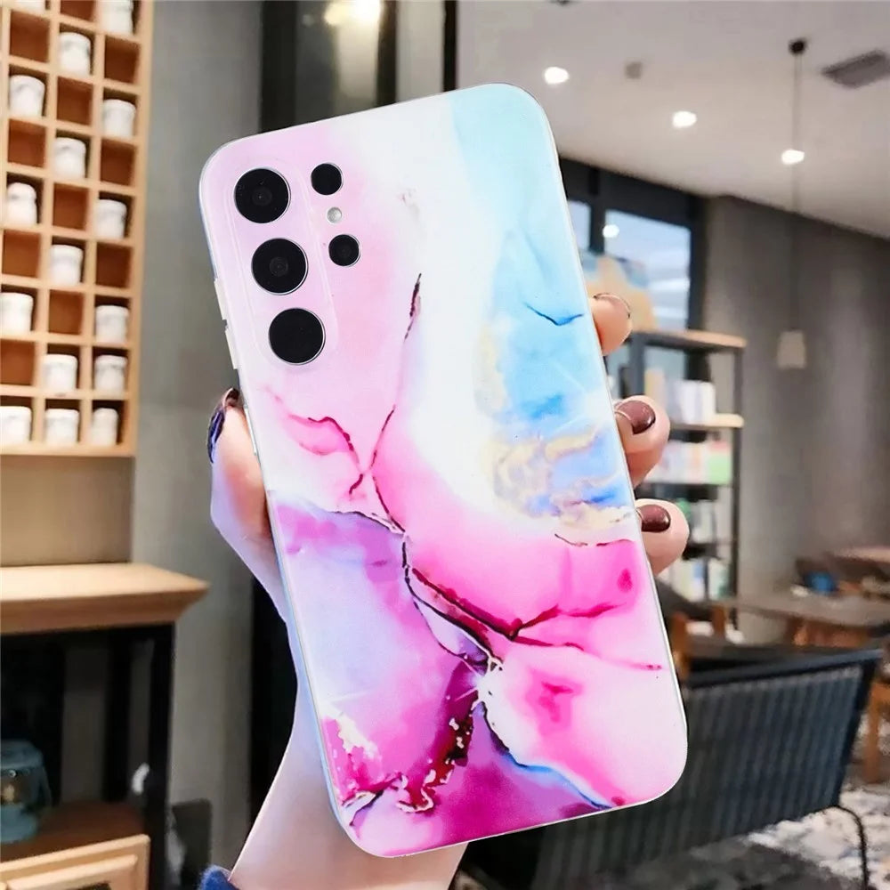 For Samsung Galaxy S24 Ultra Case Marble Effect Pattern Design TPU Phone Cover - Pink  /  Blue - 4