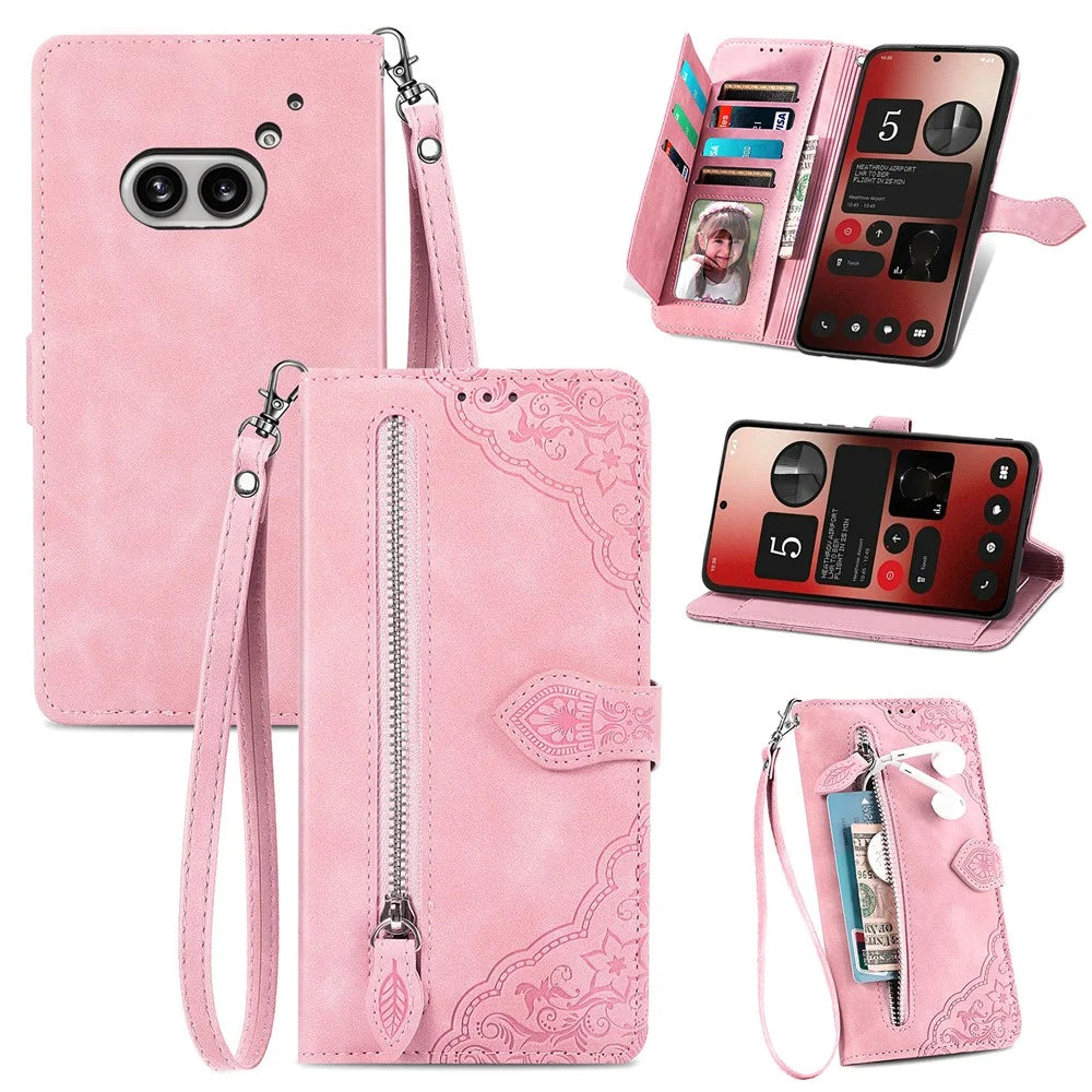 For Nothing Phone (2a) Plus / Phone (2a) Zipper Wallet Case with Strap Flower Imprint PU Leather Phone Cover - Pink - 1