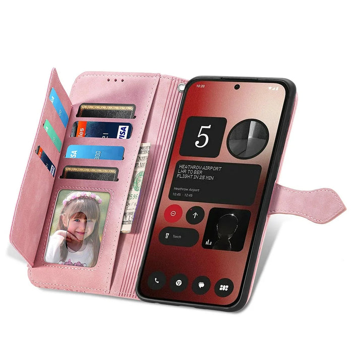 For Nothing Phone (2a) Plus / Phone (2a) Zipper Wallet Case with Strap Flower Imprint PU Leather Phone Cover - Pink - 2