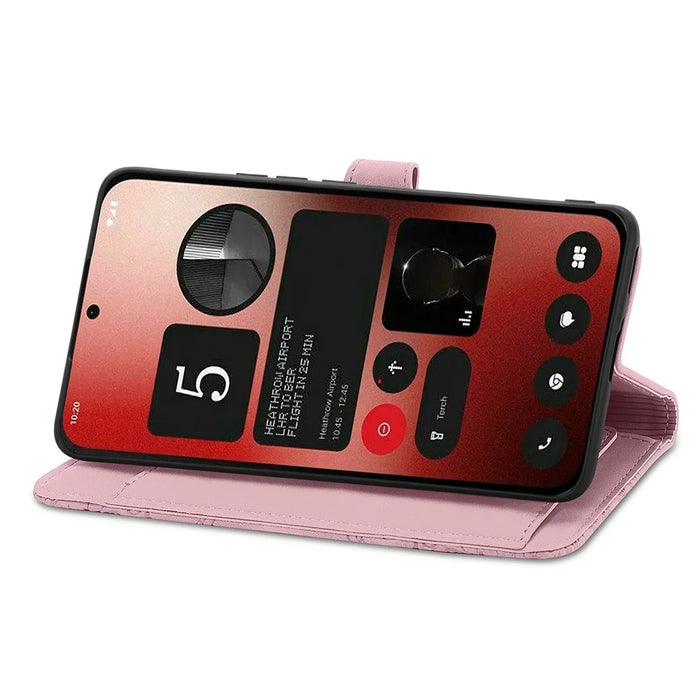 For Nothing Phone (2a) Plus / Phone (2a) Zipper Wallet Case with Strap Flower Imprint PU Leather Phone Cover - Pink - 3