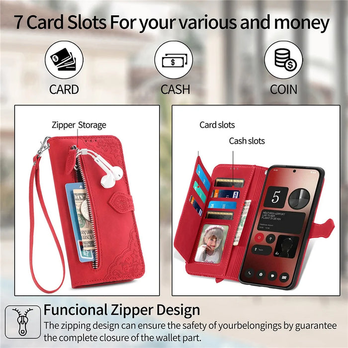 For Nothing Phone (2a) Plus / Phone (2a) Zipper Wallet Case with Strap Flower Imprint PU Leather Phone Cover - Pink - 6