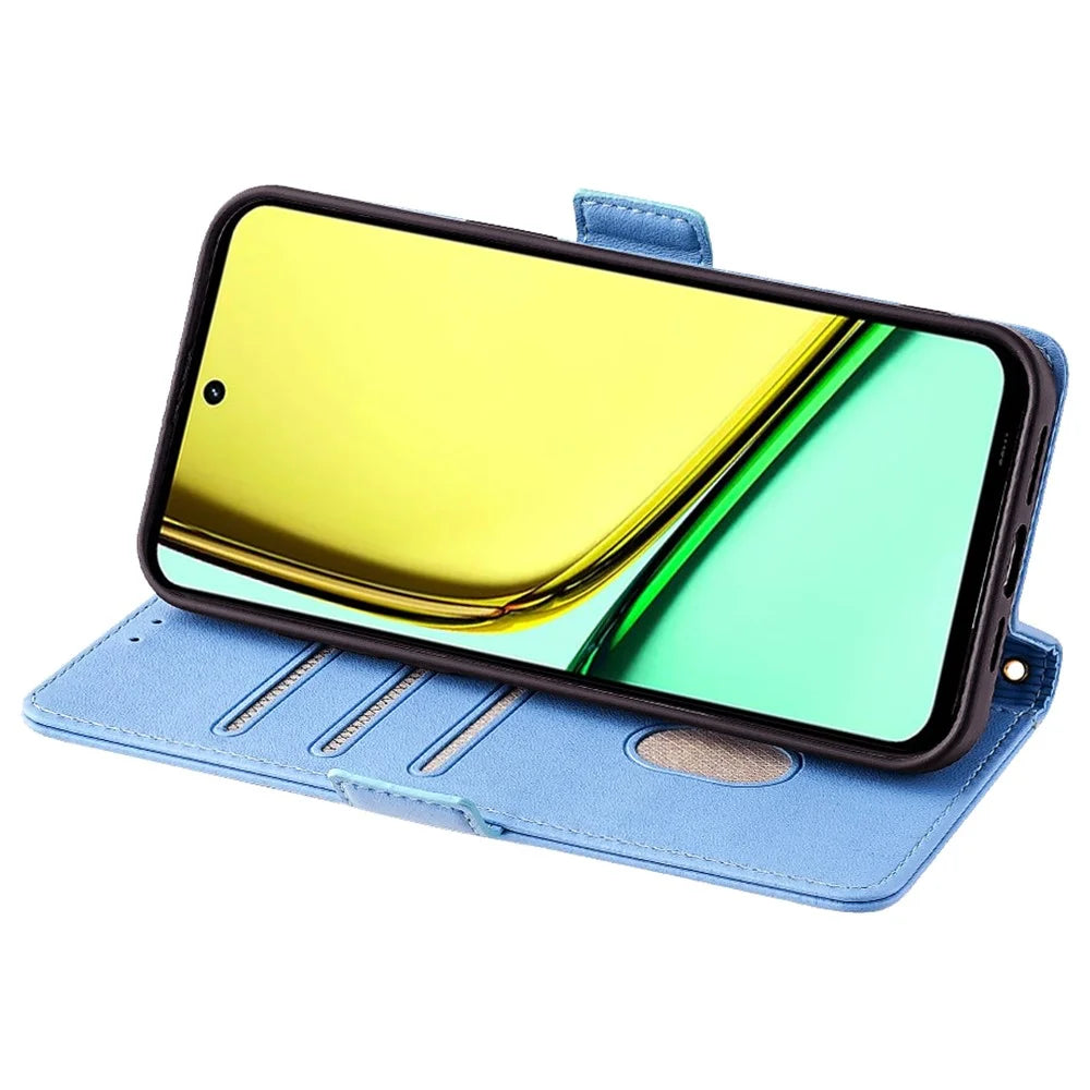 Mobile Phone Case for Realme C67 4G Phone Cover TPU+PU Leather Wallet Phone Case with Crossbody Shoulder Strap - Blue - 3