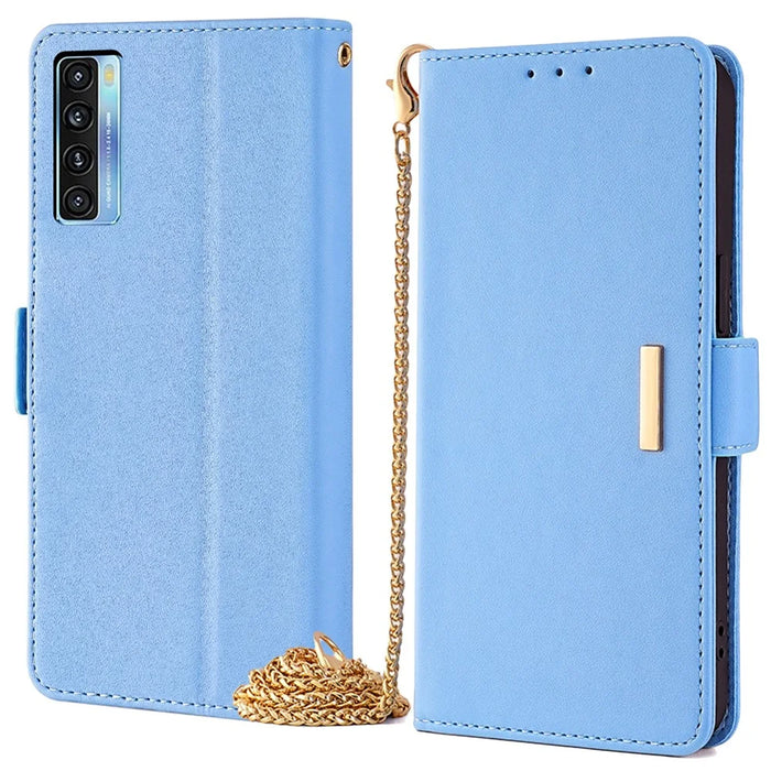 For TCL 20 5G / 20S / 20L / 20L+ Case PU Leather RFID Blocking Flip Wallet Phone Cover with Detachable Chain - Blue - 1