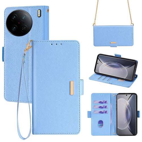 For vivo X90 Pro 5G Cover TPU+PU Leather Phone Shell Wallet Phone Case with Shoulder Strap - Blue - 1