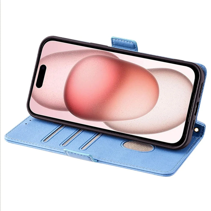 For iPhone 15 Case RFID Blocking Flip PU Leather Wallet Crossbody Phone Cover - Blue - 3