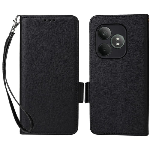 For Realme GT Neo6 SE 5G / Neo6 5G / GT 6 5G / GT 6T 5G Case with Wrist Strap Litchi Texture PU Leather Wallet Phone Cover - Black - 1