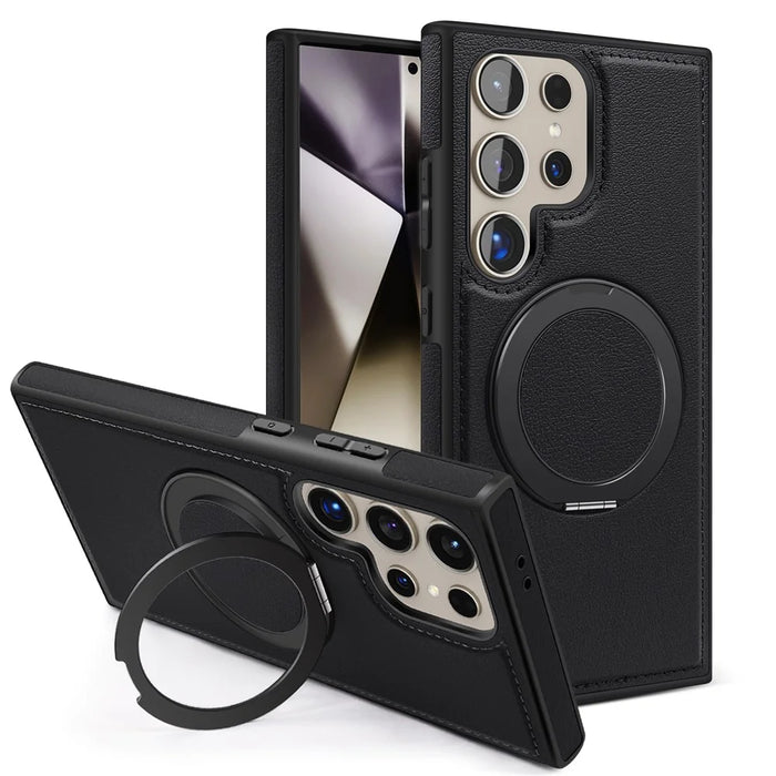 For Samsung Galaxy S24 Ultra Case with Ring Kickstand Magnetic Case PU Leather Back Cover - Black - 1