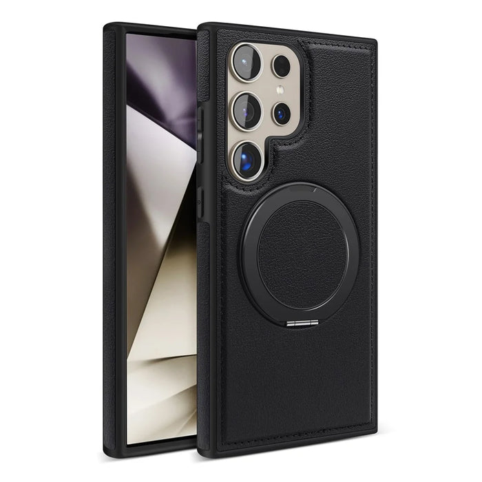 For Samsung Galaxy S24 Ultra Case with Ring Kickstand Magnetic Case PU Leather Back Cover - Black - 2