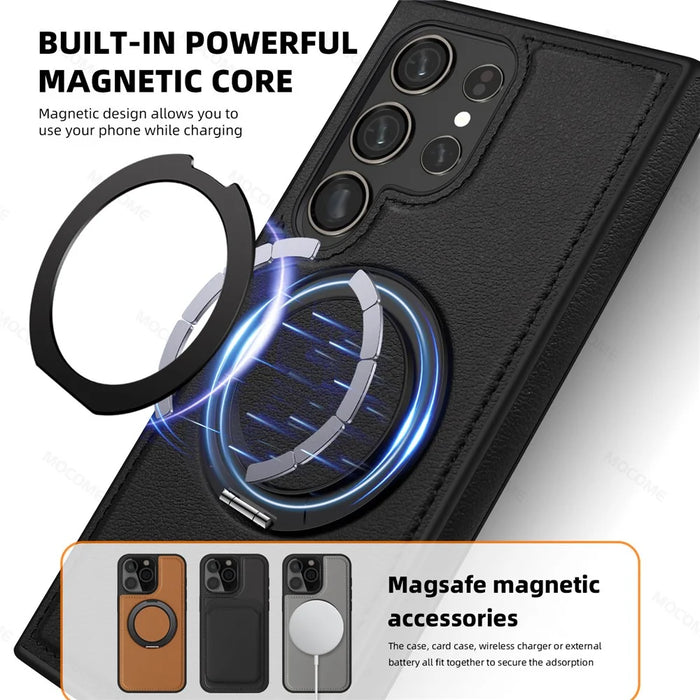For Samsung Galaxy S24 Ultra Case with Ring Kickstand Magnetic Case PU Leather Back Cover - Black - 3