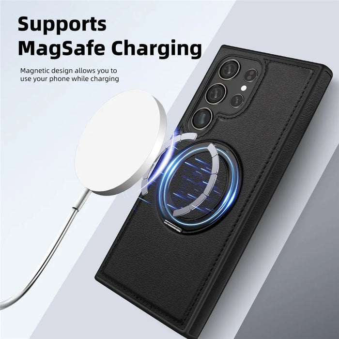 For Samsung Galaxy S24 Ultra Case with Ring Kickstand Magnetic Case PU Leather Back Cover - Black - 4